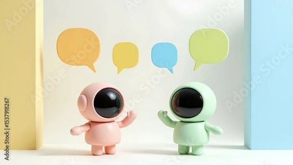 Fototapeta Two cute pastel astronaut characters communicate with colorful speech bubbles above their heads. This 3D render on a minimalist background symbolizes conversation, social med