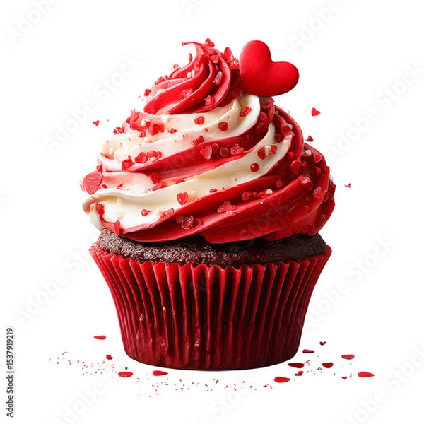 Fototapeta Valentine cupcake with red velvet frosting swirl, isolated on transparent background