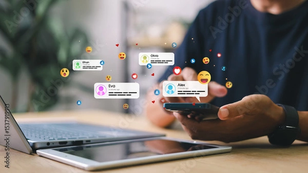 Fototapeta Man using smartphone with floating social media message notifications and emoji reactions. Concept of digital communication, social engagement, and real-time interaction.