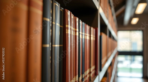 Fototapeta Library bookshelf holding legal and history books in university interior