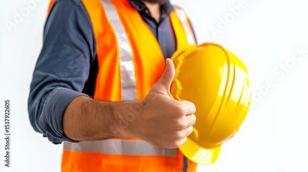 Fototapeta Construction Worker with Thumbs Up: Close-up of construction worker in safety vest holding hard hat, gives a thumbs-up of reassurance