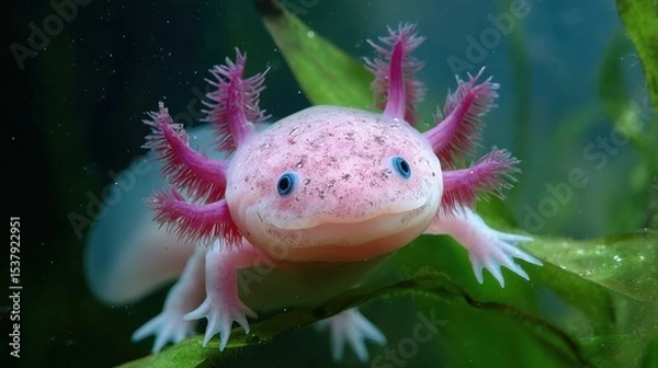 Fototapeta Close-up view of a pink axolotl in its aquatic habitat.