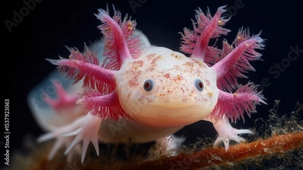 Fototapeta Close-up view of a vibrant axolotl amphibian.