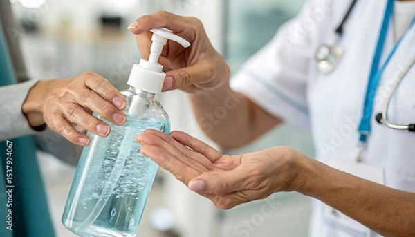 Fototapeta Healthcare Worker Using Hand Sanitizer in Clean Hospital Environment