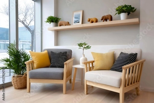 Fototapeta Comfortable waiting room with armchairs and wooden shelf displaying bear statues
