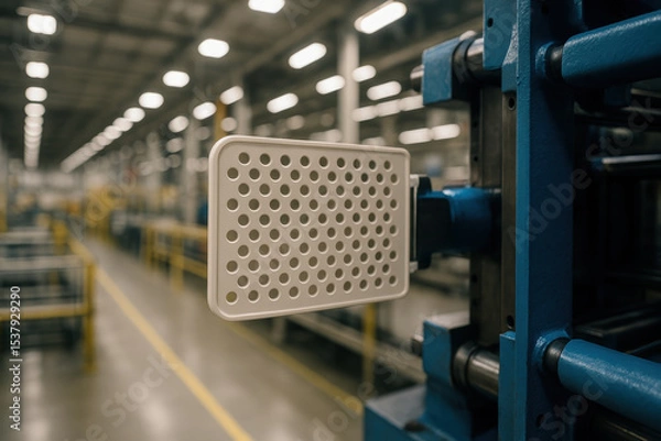 Fototapeta Modern industrial machine with perforated metal safety guard in automated factory manufacturing environment