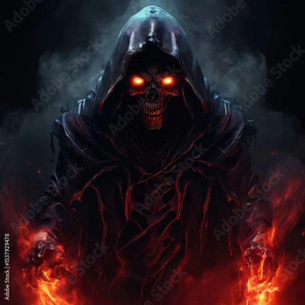 Fototapeta an AI Image Generator, Eerie Hooded Skeleton Figure Surrounded by Fiery
