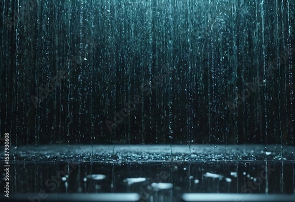 Fototapeta Heavy Rain: Dark and moody image of heavy rainfall with water droplets and puddle on ground. Ai generated image