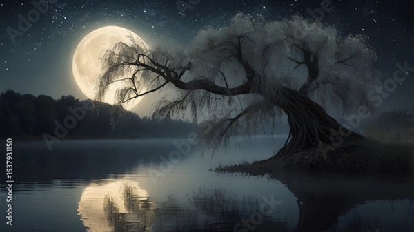 Fototapeta Serene Nightscape Weeping Willow Tree by Moonlit Lake