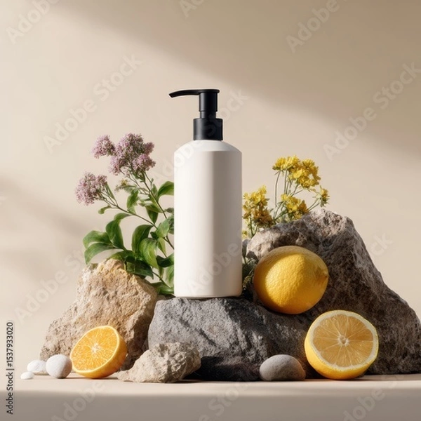 Fototapeta Natural skincare product displayed on stones with fresh lemons and flowers in a serene setting