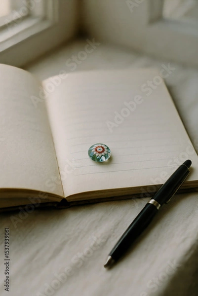 Obraz Vintage-style flat lay with handmade glass marbles and open notebook near window (Generative AI)