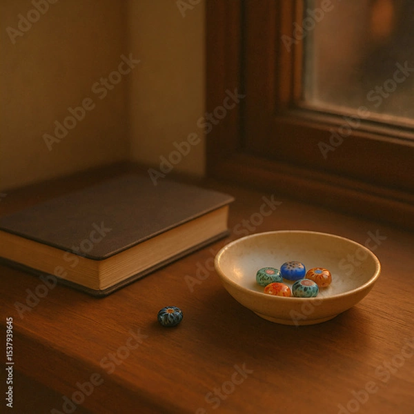 Obraz Vintage-style flat lay with handmade glass marbles and open notebook near window (Generative AI)