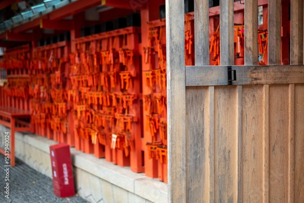 Fototapeta Japanese lanterns with a background of prayer in a Japanese temple