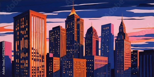 Obraz Colorful Urban Skyline at Golden Hour

