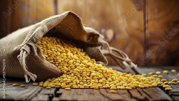 Fototapeta  Corn kernels spilling out of a burlap sack onto the ground ai genrative