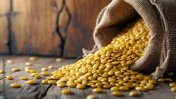 Fototapeta  Corn kernels spilling out of a burlap sack onto the ground ai genrative