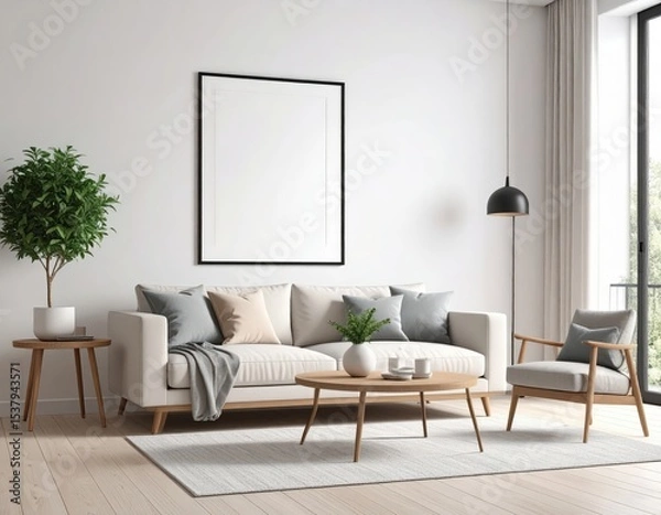 Fototapeta Bright Scandinavian Living Room with Blank Frame Neutral Tones and Natural Light