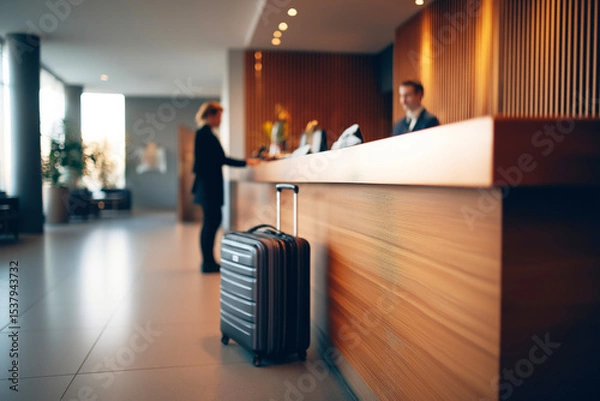 Fototapeta Business traveler checking in at hotel reception with suitcase  