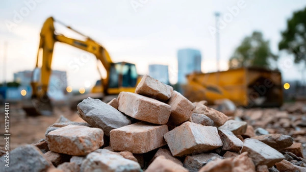 Fototapeta Pile of construction stones with excavator machinery in the background concept of transparent background png  