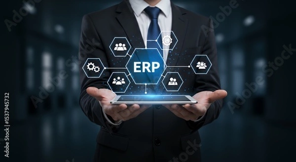 Fototapeta ERP System on Tablet Held by Business Man