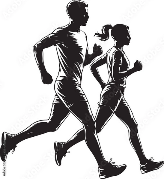 Obraz Running man and woman black silhouette isolated vector illustration. Running couple, jogging couple.