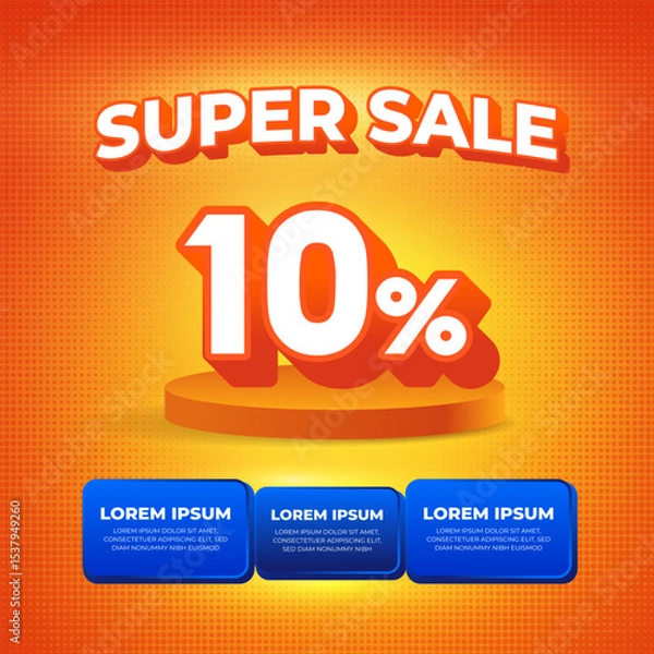 Fototapeta Super Sale Promotion Banner Template 10% Off on Realistic Orange Abstract Background with Product Display Podium and Space for Text