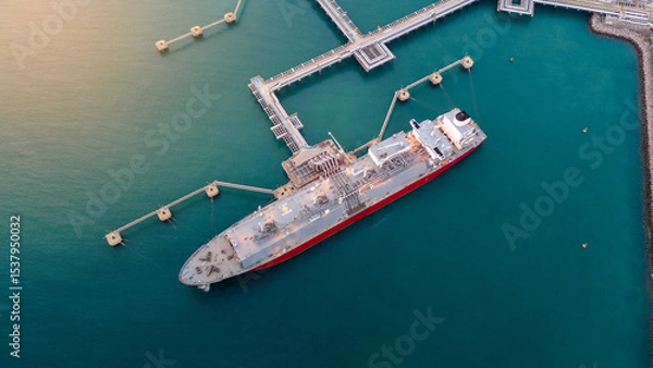 Obraz Aerial view of an LNG tanker docked at an offshore terminal with multiple pipelines, storage tanks, and an industrial complex. Captures global energy logistics