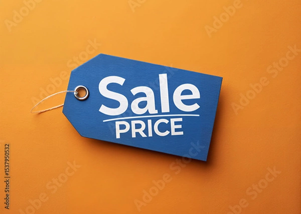 Obraz Sale Price Tag: A close-up shot of a blue sale price tag against an orange backdrop, offering a compelling visual representation of retail discounts, promotions, and savings.