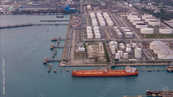 Obraz large oil tanker docked at a refinery terminal with multiple white storage tanks, complex pipeline networks, and offshore loading platforms. Represents global oil logistics