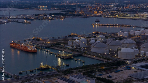 Obraz large oil tanker docked at a refinery terminal with multiple white storage tanks, complex pipeline networks, and offshore loading platforms. Represents global oil logistics