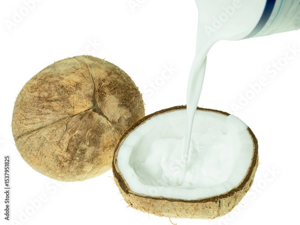 Obraz Fresh coconut milk being poured into a halved coconut shell, isolated on white background. Concept of tropical cuisine, plant-based milk, and organic food ingredients.