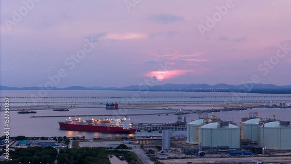 Obraz Aerial view of an LNG tanker docked at an offshore terminal with multiple pipelines, storage tanks, and an industrial complex. Captures global energy logistics