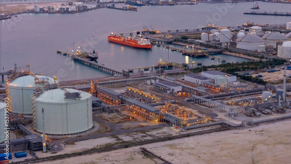 Obraz large oil tanker docked at a refinery terminal with multiple white storage tanks, complex pipeline networks, and offshore loading platforms. Represents global oil logistics