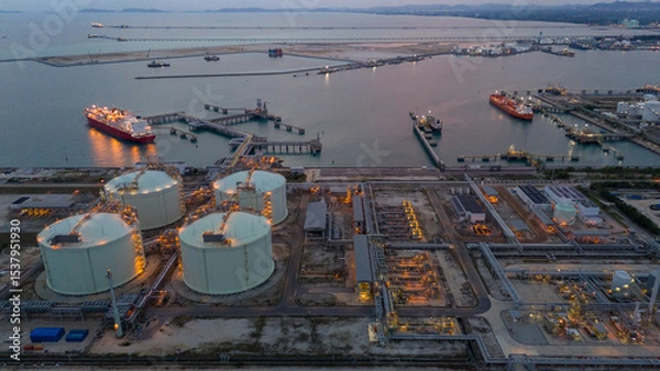 Obraz Aerial view of an LNG tanker docked at an offshore terminal with multiple pipelines, storage tanks, and an industrial complex. Captures global energy logistics