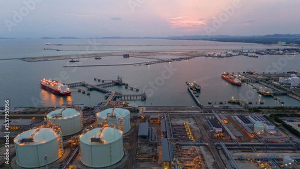 Obraz Aerial view of an LNG tanker docked at an offshore terminal with multiple pipelines, storage tanks, and an industrial complex. Captures global energy logistics