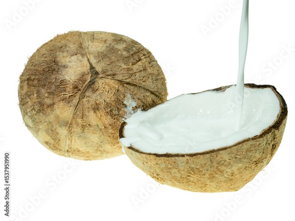 Obraz Fresh coconut milk being poured into a halved coconut shell, isolated on white background. Concept of tropical cuisine, plant-based milk, and organic food ingredients.