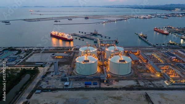 Obraz Aerial view of an LNG tanker docked at an offshore terminal with multiple pipelines, storage tanks, and an industrial complex. Captures global energy logistics