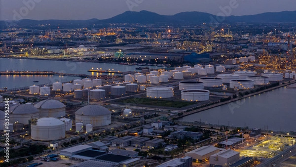 Obraz large industrial oil and gas storage tanks at a coastal refinery terminal during dusk. Tanker ships docked at long piers highlight the global energy transport infrastructure.