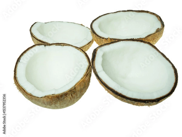 Obraz Whole coconut and a halved coconut with white flesh isolated on white background. Perfect for tropical food, vegan cuisine, and organic ingredient concepts.