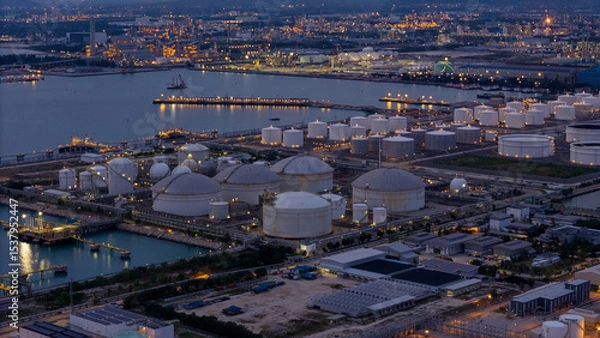 Obraz large industrial oil and gas storage tanks at a coastal refinery terminal during dusk. Tanker ships docked at long piers highlight the global energy transport infrastructure.