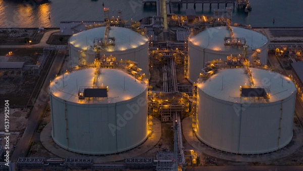 Obraz LNG storage tanks and terminal facility at dusk, showcasing large cylindrical containers, offshore piers, and cargo ships. Industrial landscape representing global liquefied natural gas