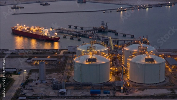 Obraz Aerial view of an LNG tanker docked at an offshore terminal with multiple pipelines, storage tanks, and an industrial complex. Captures global energy logistics
