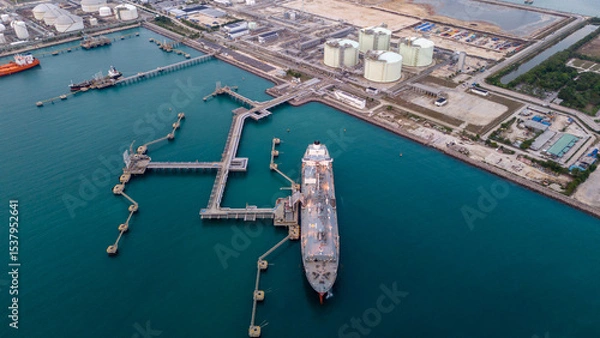 Obraz Aerial view of an LNG tanker docked at an offshore terminal with multiple pipelines, storage tanks, and an industrial complex. Captures global energy logistics