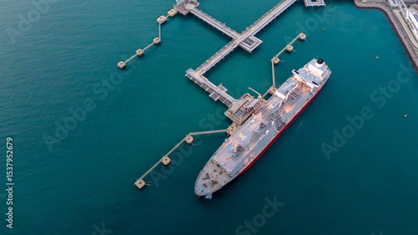 Obraz Aerial view of an LNG tanker docked at an offshore terminal with multiple pipelines, storage tanks, and an industrial complex. Captures global energy logistics