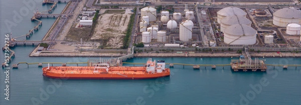 Obraz large oil tanker docked at a refinery terminal with multiple white storage tanks, complex pipeline networks, and offshore loading platforms. Represents global oil logistics