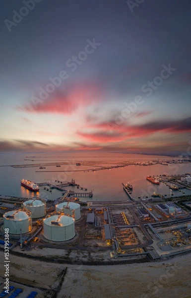 Obraz Aerial view of an LNG tanker docked at an offshore terminal with multiple pipelines, storage tanks, and an industrial complex. Captures global energy logistics