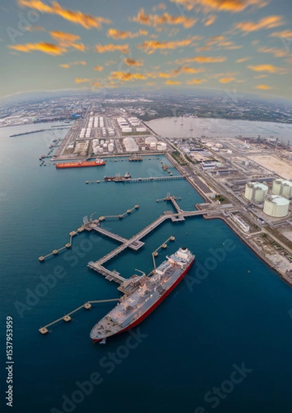 Obraz Aerial view of an LNG tanker docked at an offshore terminal with multiple pipelines, storage tanks, and an industrial complex. Captures global energy logistics