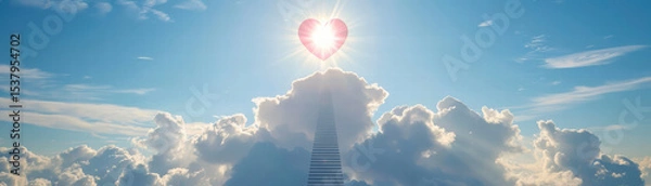 Fototapeta Stairway to heaven in clouds with glowing heart and bright sunlight shining warmly