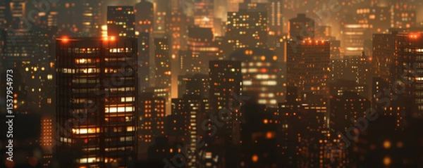 Fototapeta City nightscape with glowing windows and warm lights creating vibrant urban atmosphere