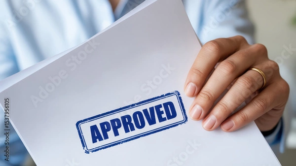 Fototapeta Person holding document with Approved stamp, symbolizing success and validation